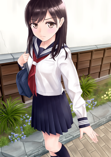 Anime picture 1024x1449 with original yukimaru217 single long hair tall image looking at viewer blush fringe brown hair brown eyes outdoors pleated skirt outstretched arm walking frown >:( girl skirt uniform flower (flowers)