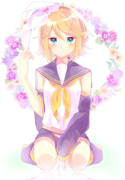 Anime picture 2149x3106 with vocaloid kagamine rin tyanotya single tall image looking at viewer blush highres short hair blue eyes blonde hair sitting full body reflection girl hair ornament flower (flowers) bow hair bow detached sleeves