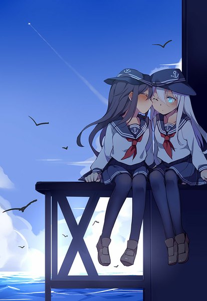 Anime picture 700x1017 with kantai collection hibiki destroyer akatsuki destroyer yetworldview kaze long hair tall image blush fringe blue eyes black hair sitting multiple girls sky cloud (clouds) bent knee (knees) white hair eyes closed profile pleated skirt one eye closed