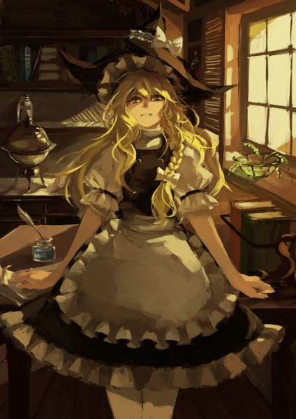 Anime picture 1200x1697 with touhou kirisame marisa yaozhiligenius single long hair tall image blonde hair standing yellow eyes braid (braids) maid single braid witch girl bow plant (plants) hair bow hat pantyhose window