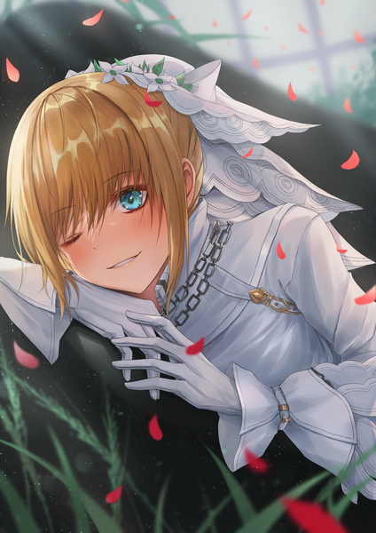 Anime picture 2480x3508 with fate (series) fate/grand order fate/extra nero claudius (fate) nero claudius (bride) (fate) turbulence single tall image blush fringe highres short hair blue eyes blonde hair smile hair between eyes payot looking away indoors long sleeves