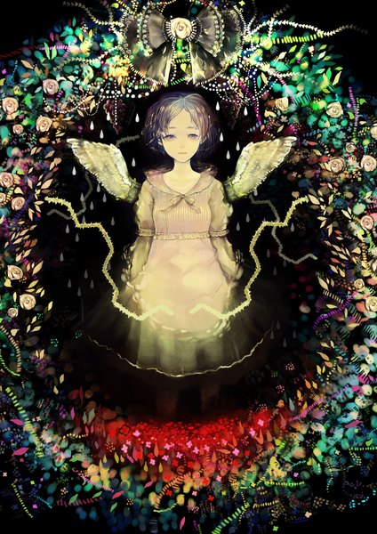 Anime picture 1181x1671 with original pantsumoriko single tall image short hair purple eyes purple hair inscription girl dress bow plant (plants) wings water rose (roses) water drop thorns