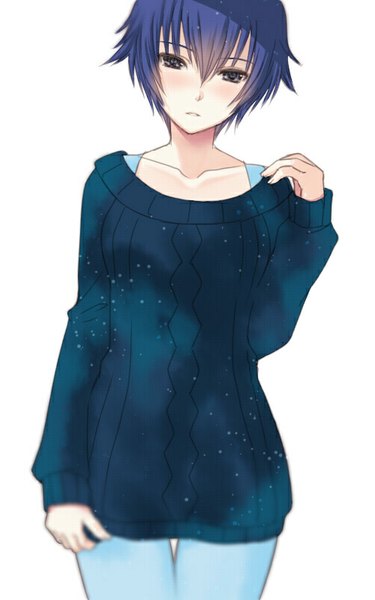 Anime picture 500x800 with persona 4 persona shirogane naoto hijiri ruka single tall image looking at viewer blush fringe short hair simple background white background purple eyes purple hair embarrassed starry sky print space print girl sweater