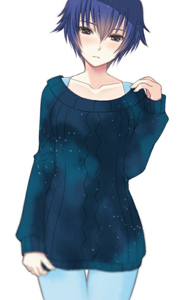 Anime-Bild 500x800 mit persona 4 persona shirogane naoto hijiri ruka single tall image looking at viewer blush fringe short hair simple background white background purple eyes purple hair embarrassed starry sky print space print girl sweater