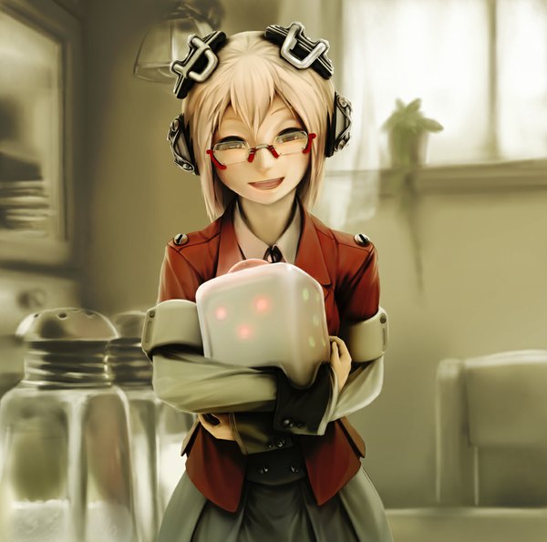 Anime picture 1000x993 with original nekoita single looking at viewer short hair open mouth blonde hair smile red eyes girl glasses headphones dice