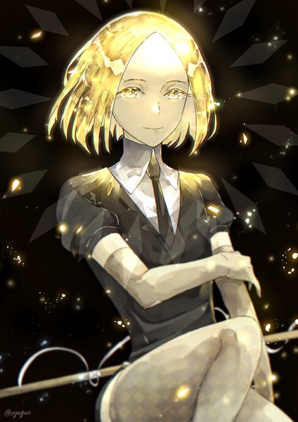 Anime picture 912x1291 with houseki no kuni yellow diamond (houseki no kuni) ryokued single tall image looking at viewer short hair blonde hair signed yellow eyes puffy sleeves twitter username black background holding arm androgynous thighhighs gloves necktie elbow gloves