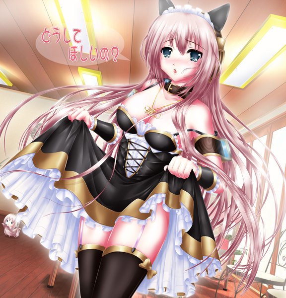 Anime picture 1350x1405 with vocaloid megurine luka nohoho (kakikonchi) single long hair tall image blush open mouth blue eyes light erotic bare shoulders animal ears pink hair cat ears maid bunny ears girl thighhighs black thighhighs headdress