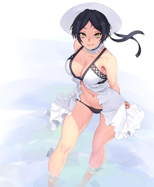 Anime picture 1277x1554 with idolmaster idolmaster cinderella girls hayami kanade jjune single tall image looking at viewer short hair breasts light erotic black hair smile bare shoulders signed yellow eyes from above shiny skin partially submerged hands behind back girl
