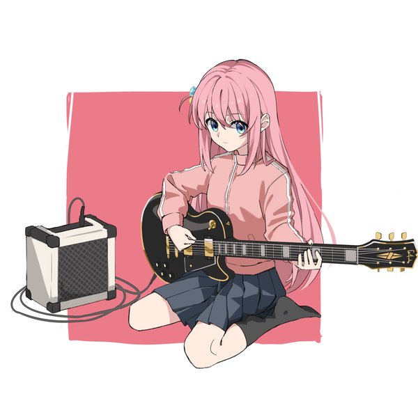 Anime picture 2604x2455 with bocchi the rock! cloverworks gotou hitori man ge single long hair fringe highres blue eyes hair between eyes sitting pink hair full body pleated skirt one side up wariza playing instrument girl skirt socks