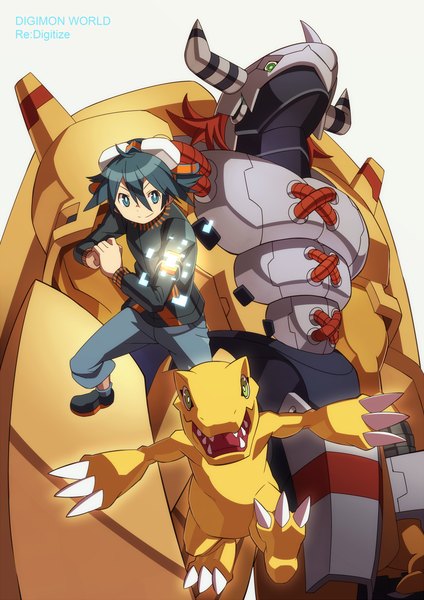 Anime picture 1000x1414 with digimon digimon world re:digitize agumon wargreymon taiga (digimon) hajime (hajime-ill-1st) tall image short hair blue eyes black hair simple background smile white background inscription boy animal