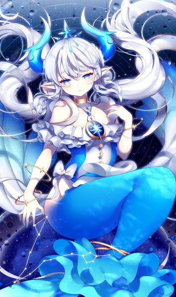 Anime picture 2100x3545 with elsword luciela r. sourcream (elsword) tanjel single long hair tall image looking at viewer blush fringe highres hair between eyes twintails bare shoulders white hair nail polish parted lips horn (horns) pointy ears sparkle floating hair