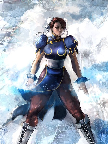 Anime picture 1500x2000 with street fighter capcom chun-li bccp single tall image short hair brown hair brown eyes looking away hair bun (hair buns) chinese clothes muscle girl pantyhose bracelet knee boots chinese dress cross-laced footwear bun cover