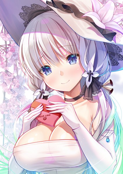 Anime picture 848x1200 with azur lane illustrious (azur lane) at-yui single long hair tall image breasts blue eyes light erotic smile large breasts twintails silver hair head tilt cherry blossoms low twintails valentine girl gloves hat