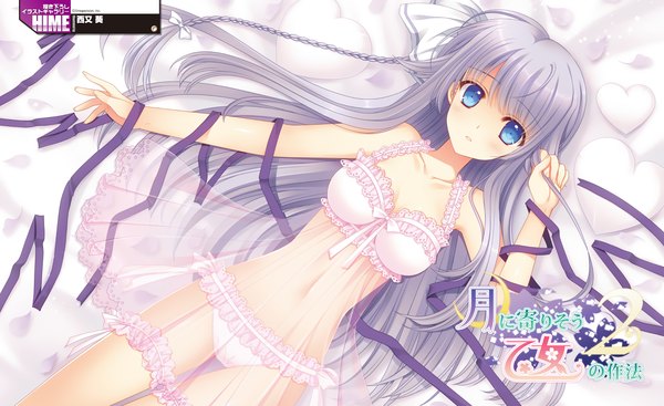 Anime picture 3268x2000 with tsuki ni yorisou otome no sahou dengeki hime youkadou sakuri nishimata aoi single long hair highres blue eyes light erotic wide image grey hair official art underwear only girl underwear panties ribbon (ribbons) lingerie bra nightie