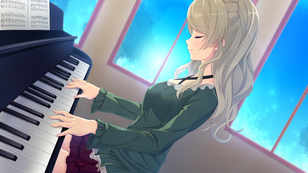 Anime picture 2560x1440 with kanojo step serizawa kuon single long hair highres blonde hair wide image sitting game cg eyes closed girl dress window musical instrument piano