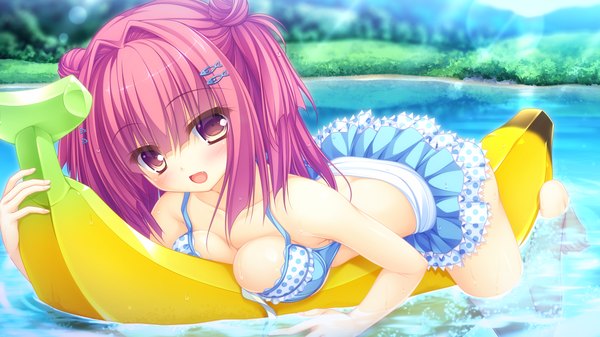 Anime picture 1920x1080 with kujiragami no tearstilla narumi marine mikagami mamizu single looking at viewer blush highres short hair breasts light erotic wide image yellow eyes pink hair game cg afloat girl swimsuit bikini bikini skirt inflatable toy