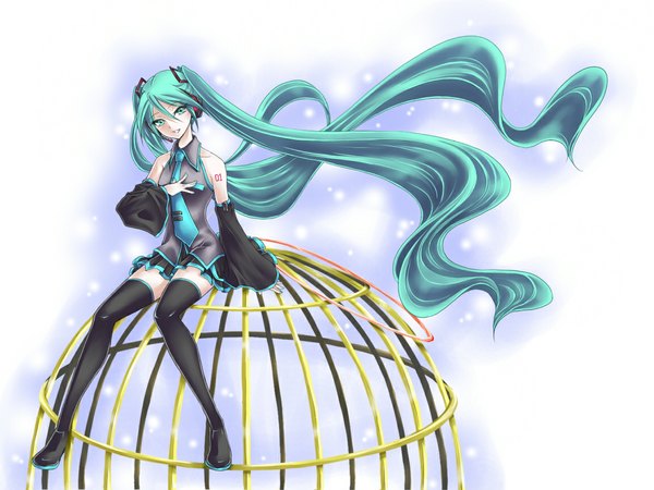 Anime picture 1152x864 with vocaloid hatsune miku totono long hair sitting twintails green eyes very long hair aqua hair zettai ryouiki legs girl thighhighs skirt detached sleeves necktie