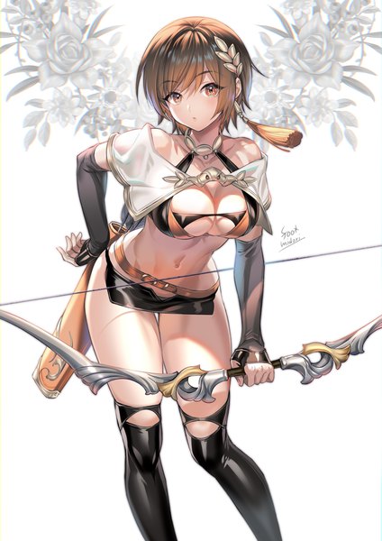 Anime picture 1200x1697 with original midori foo single tall image looking at viewer blush fringe short hair breasts light erotic simple background brown hair large breasts standing white background bare shoulders brown eyes signed payot cleavage