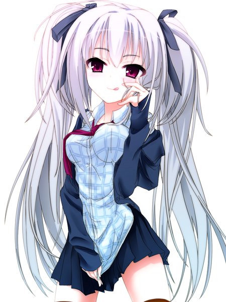 Anime picture 1000x1333 with original reon nowon single tall image blush simple background white background purple eyes twintails silver hair girl skirt ribbon (ribbons) hair ribbon shirt necktie