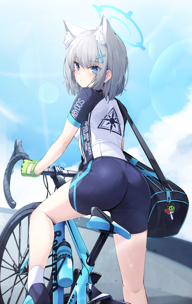 Anime picture 1409x2233 with blue archive shiroko (blue archive) shiroko (cycling) (blue archive) ddangbi single tall image looking at viewer fringe short hair blue eyes light erotic hair between eyes standing animal ears sky silver hair cloud (clouds) outdoors ass looking back