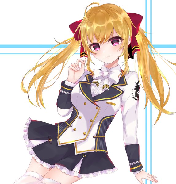 Anime picture 1731x1811 with virtual youtuber nijisanji takamiya rion maguro (minase1684) single long hair tall image looking at viewer blush fringe highres breasts simple background blonde hair hair between eyes standing white background twintails payot ahoge