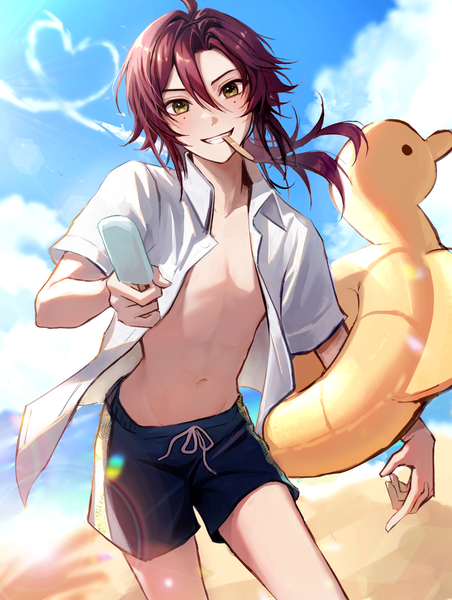 Anime picture 1800x2391 with genshin impact shikanoin heizou pponnya single long hair tall image looking at viewer fringe highres smile hair between eyes holding green eyes sky purple hair cloud (clouds) outdoors open shirt beach grin