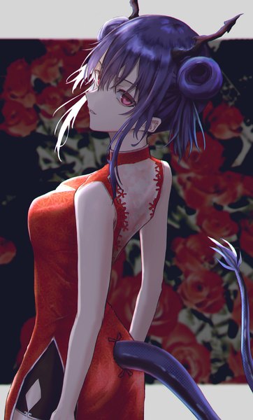 Anime picture 2403x3988 with arknights ch'en (arknights) ch'en (ageless afterglow) (arknights) wozuya single tall image fringe highres short hair hair between eyes red eyes payot purple hair tail horn (horns) hair bun (hair buns) turning head official alternate costume side slit floral background