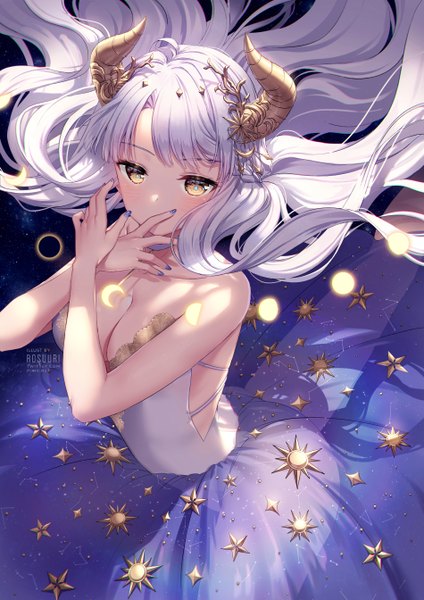 Anime picture 950x1344 with original rosuuri single long hair tall image looking at viewer blush fringe breasts light erotic bare shoulders signed yellow eyes cleavage white hair nail polish horn (horns) fingernails from above floating hair