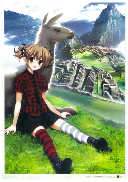 Anime picture 1270x1801 with grisaia no kajitsu irisu makina fumio (ura fmo) single tall image looking at viewer fringe open mouth hair between eyes red eyes brown hair sitting twintails cloud (clouds) pleated skirt scan short sleeves short twintails soles mountain