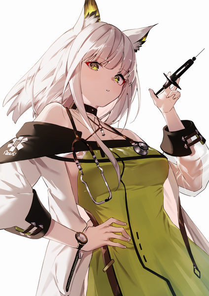 Anime picture 1013x1433 with arknights kal'tsit (arknights) ichibi single long hair tall image looking at viewer fringe simple background white background green eyes animal ears silver hair upper body hand on hip girl dress transparent clothing clock wristwatch