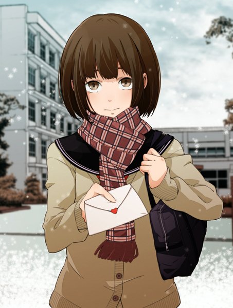 Anime picture 757x1003 with original rino1104 single tall image looking at viewer short hair brown hair brown eyes girl uniform school uniform scarf school bag letter school love letter
