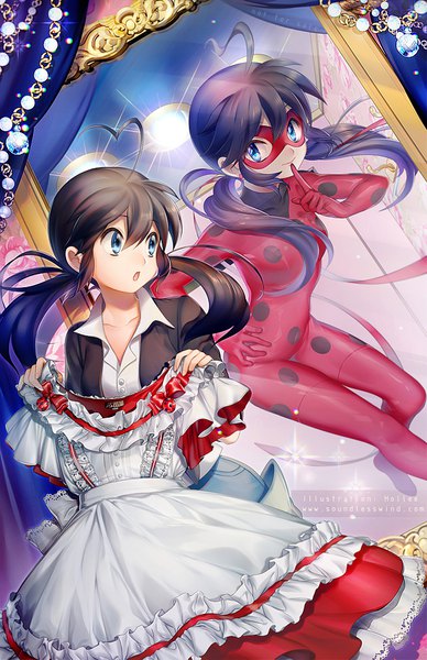Anime picture 619x956 with miraculous ladybug marinette cheng ladybug (character) kaze-hime long hair tall image fringe open mouth blue eyes black hair hair between eyes twintails multiple girls blue hair purple hair ahoge looking back open jacket :o dutch angle