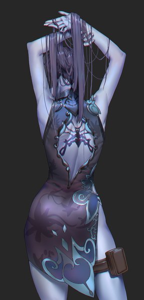 Anime-Bild 700x1459 mit overwatch blizzard entertainment widowmaker (overwatch) black lily widowmaker kitunen (artist) single long hair tall image light erotic simple background standing traditional clothes from behind arms up tattoo adjusting hair black background chinese clothes side slit blue skin