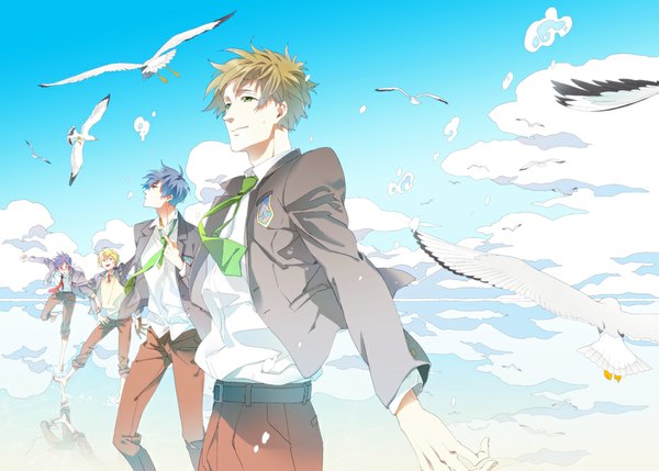 Anime picture 1000x716 with free! kyoto animation nanase haruka (free!) tachibana makoto hazuki nagisa ryugazaki rei namezo short hair open mouth blue eyes blonde hair brown hair green eyes blue hair sky purple hair cloud (clouds) barefoot multiple boys boy