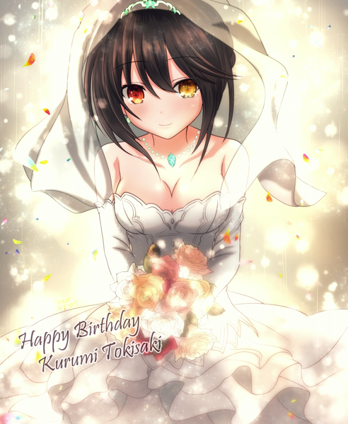 Anime picture 1553x1894 with date a live tokisaki kurumi usuba kagerou single tall image looking at viewer blush fringe short hair breasts black hair smile hair between eyes red eyes bare shoulders holding yellow eyes cleavage character names heterochromia