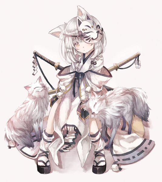 Anime picture 969x1087 with original oro ponzu tall image looking at viewer fringe short hair simple background hair between eyes sitting animal ears yellow eyes silver hair full body tail traditional clothes head tilt japanese clothes animal tail fox ears fox tail