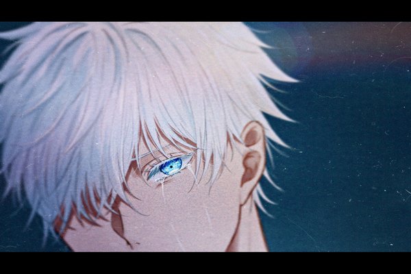 Anime picture 3464x2309 with jujutsu kaisen mappa gojou satoru hama m single fringe highres short hair blue eyes absurdres silver hair hair over one eye tears letterboxed close-up face boy