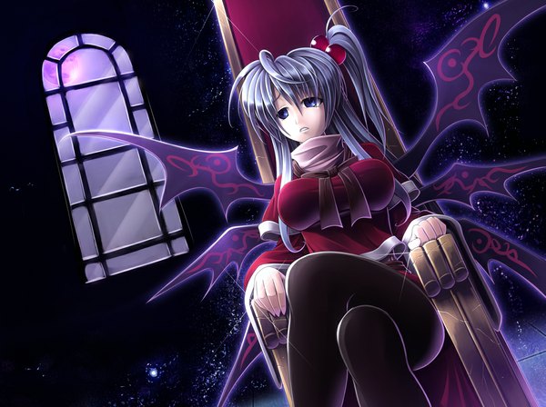 Anime picture 1100x822 with touhou shinki (touhou) tubane single breasts blue eyes light erotic large breasts silver hair one side up girl wings window