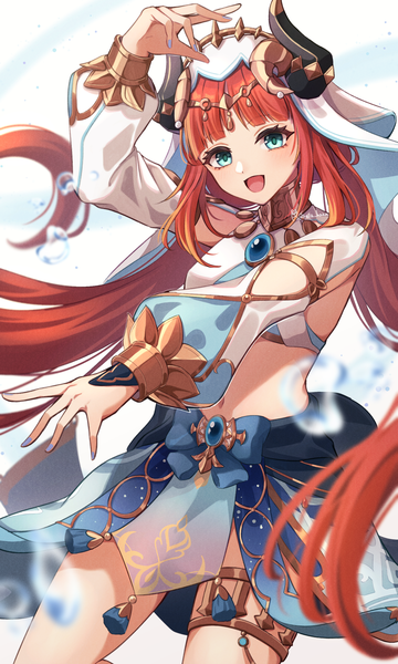 Anime picture 1592x2657 with genshin impact nilou (genshin impact) reia hana single long hair tall image looking at viewer blush fringe open mouth smile twintails red hair blunt bangs long sleeves nail polish :d arm up horn (horns) aqua eyes