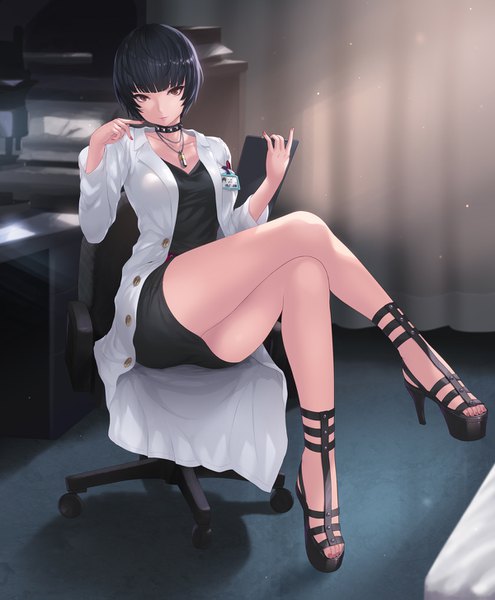 Anime picture 1200x1455 with persona 5 persona takemi tae cait single tall image looking at viewer fringe short hair light erotic black hair sitting holding brown eyes full body indoors blunt bangs nail polish fingernails light smile