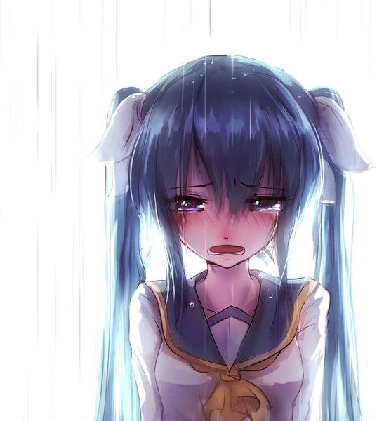 Anime picture 1300x1400 with vocaloid hatsune miku qys3 single long hair tall image blush fringe open mouth blue eyes simple background white background twintails blue hair wet tears rain crying girl uniform