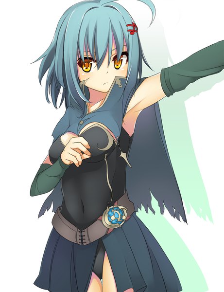 Anime picture 1200x1560 with original planol note mahcdai single tall image blush fringe light erotic simple background hair between eyes standing white background yellow eyes looking away ahoge arm up aqua hair shadow armpit (armpits) embarrassed