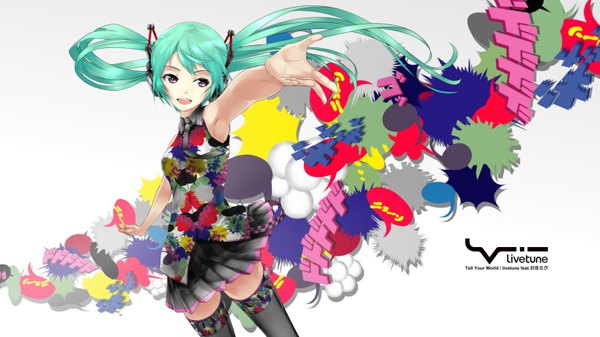 Anime picture 1572x884 with vocaloid hatsune miku saiki (artist) single long hair open mouth wide image purple eyes twintails pleated skirt green hair inscription armpit (armpits) girl thighhighs miniskirt necktie headphones