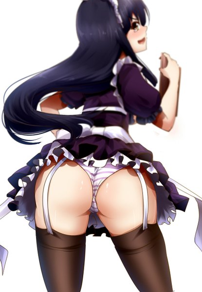 Anime picture 976x1409 with original umakatsuhai single long hair tall image looking at viewer blush open mouth light erotic black hair white background yellow eyes ass looking back from behind maid depth of field back girl thighhighs