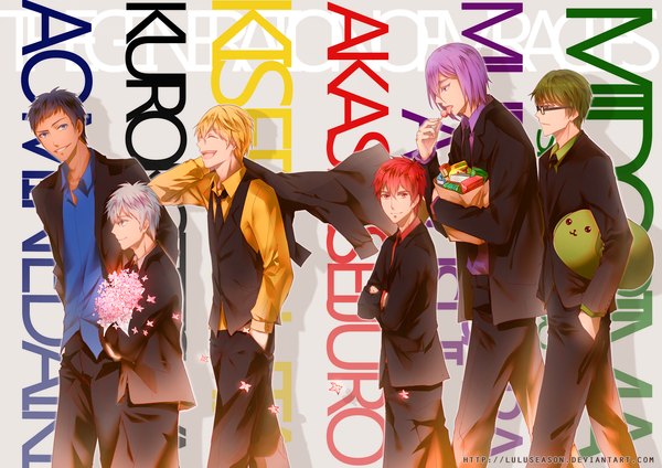 Anime picture 1273x900 with kuroko no basket production i.g kuroko tetsuya kise ryouta aomine daiki akashi seijuurou midorima shintarou murasakibara atsushi lulu season short hair open mouth blue eyes blonde hair smile red eyes purple eyes green eyes blue hair purple hair red hair