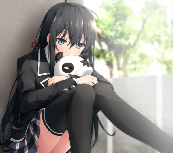 Anime picture 875x775 with yahari ore no seishun love comedy wa machigatteiru. brains base (studio) yukinoshita yukino haribote (tarao) single long hair looking at viewer blush black hair sitting holding bent knee (knees) pleated skirt plaid skirt silver eyes knees touching girl thighhighs skirt uniform