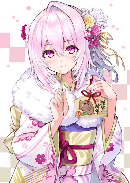 Anime picture 708x1000 with cu-no yayoi sakura hisenkaede single long hair tall image looking at viewer blush fringe simple background smile hair between eyes standing holding payot pink hair traditional clothes japanese clothes pink eyes hair flower