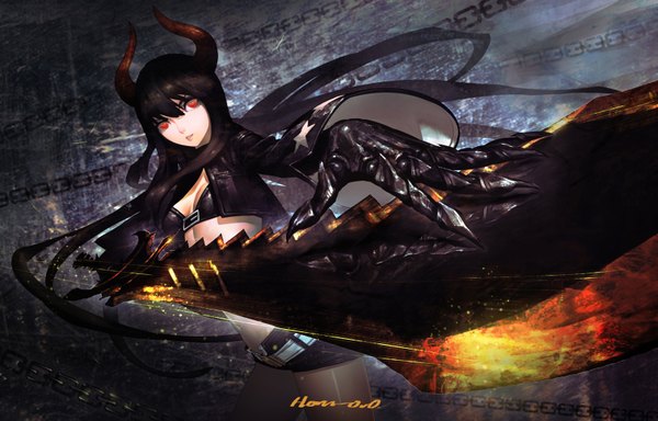 Anime picture 6505x4169 with black rock shooter black gold saw han-0v0 single long hair highres black hair red eyes absurdres horn (horns) open clothes open jacket girl weapon sword shorts chain