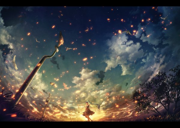 Anime picture 2420x1726 with original ixaga single long hair fringe highres sky cloud (clouds) ponytail aqua hair off shoulder evening sunset landscape girl thighhighs dress hair ornament bow plant (plants)