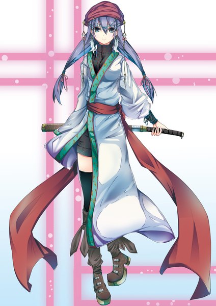 Anime picture 1500x2122 with aki ii single long hair tall image blue eyes traditional clothes grey hair girl thighhighs weapon black thighhighs sword katana thigh boots obi